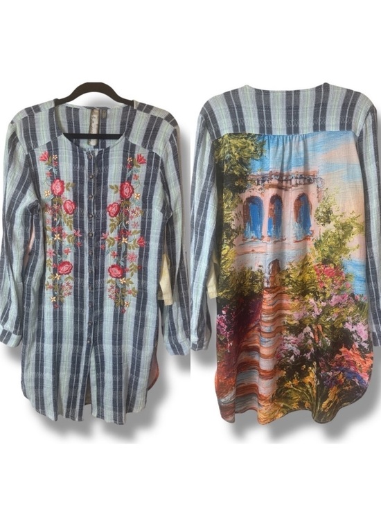 Aratta Tops - Aratta Floral Embroidered Striped Tunic